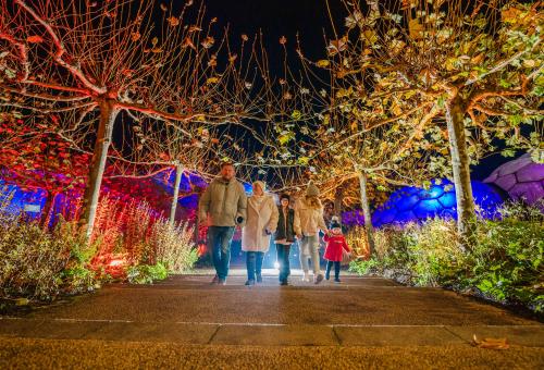 Family walking up the plane tree steps with Biomes in the background
